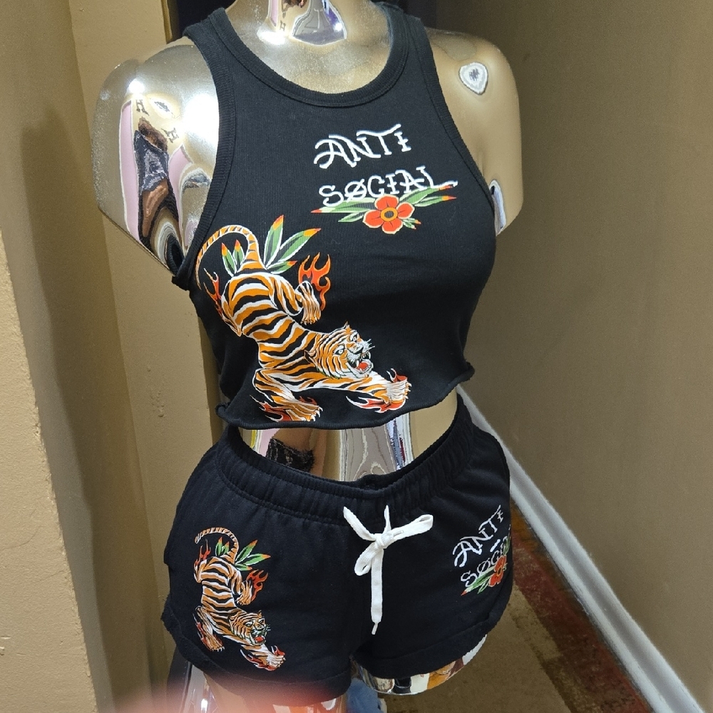 Fashion Nova Black Tiger Embroidered Shorts Set